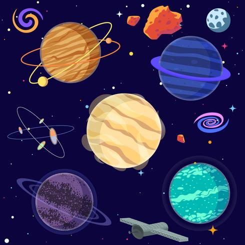 Set of cartoon planets and space elements. Vector illustration