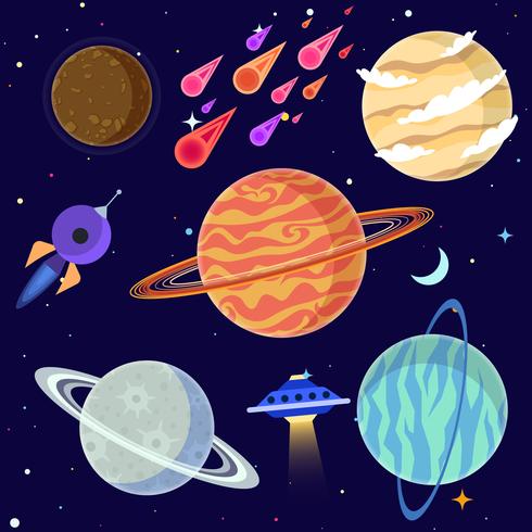 Set of cartoon planets and space elements. Vector illustration