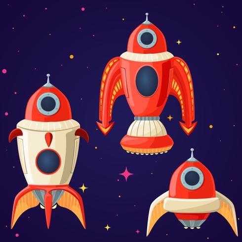 Set of cartoon vector spaceships and rockets