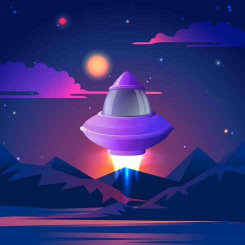 Spaceship starting to flz in the night stars. Vector illustration