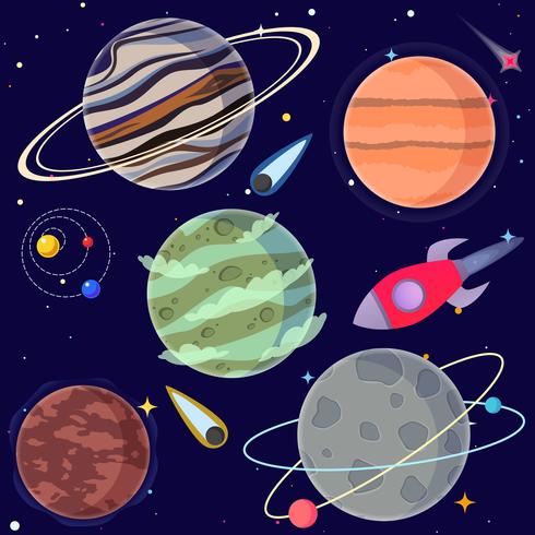 Set of cartoon planets and space elements. Vector illustration