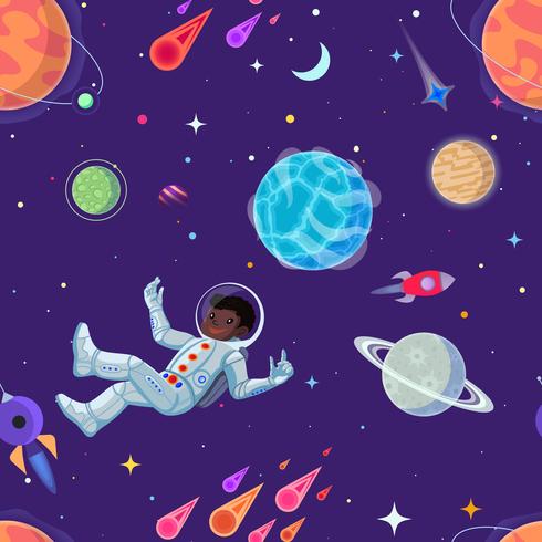 Spaceman at open space floating in antigravity. Vector cartoon seamless pattern