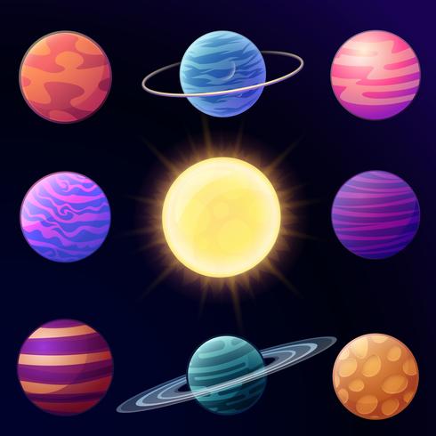 Conjunto de dibujos animados brillantes planetas y elementos del espacio. Ilustración vectorial vector