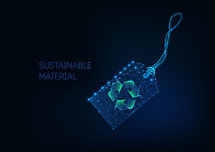 Futuristic low poly retail price tag with green recycle sign Sustainable material, recycled fabric. vector