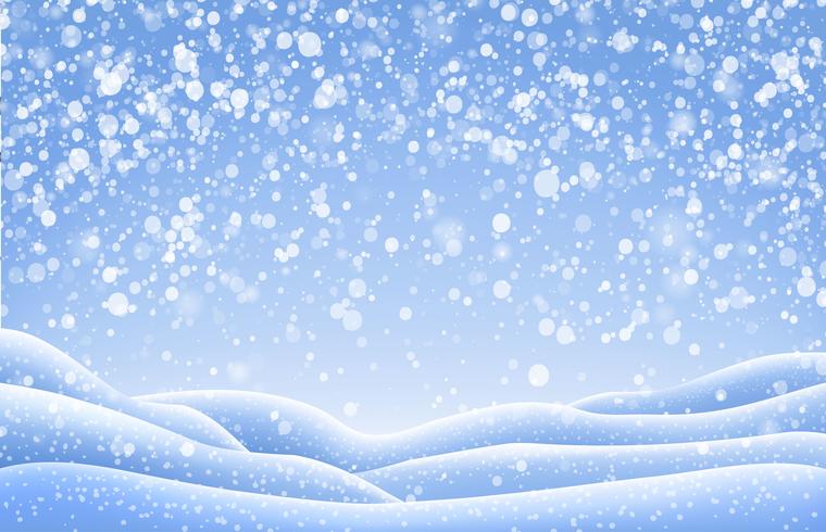 Christmas landscape with snow caps and falling snowfall. Vector illustration