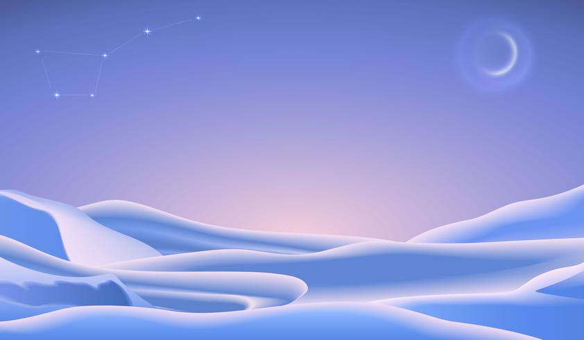 Christmas landscape with snow caps and crescent moon. Vector minimalists illustration