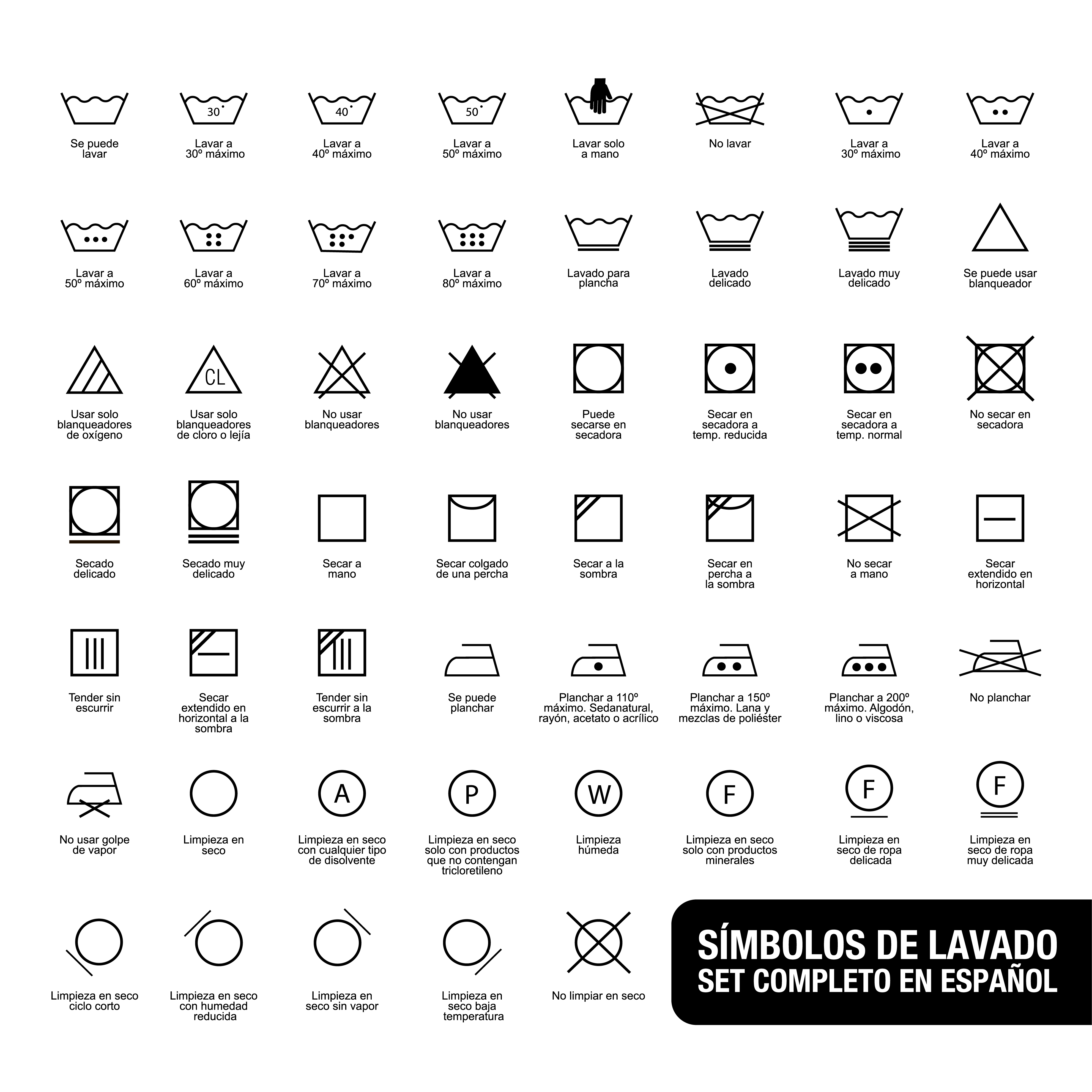 Conjunto completo de símbolos de lavandería. Escrito en 641374 Vector en Vecteezy