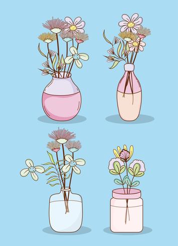 Conjunto de flores en tarros de masón. vector