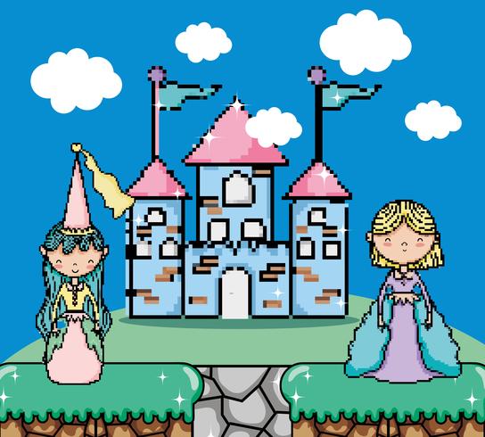 Cute pixelated videogame fantasy scenery vector