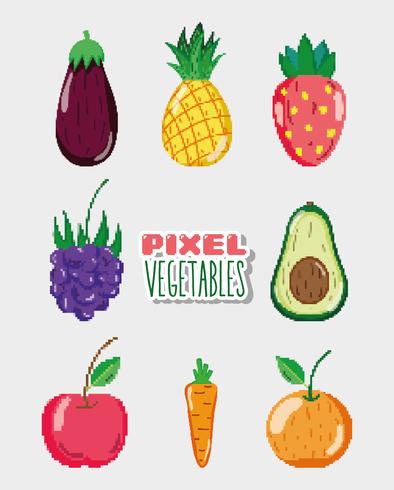 Conjunto de alimentos naturales pixelados. vector