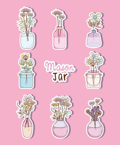 Set of mason jar with flowers drawings vector