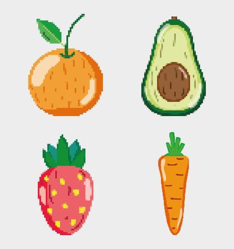 Conjunto de alimentos naturales pixelados. vector