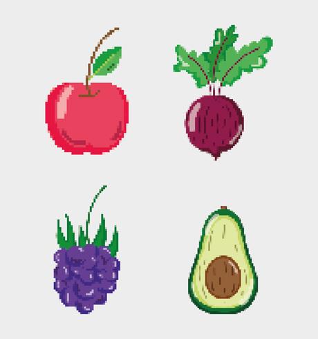 Conjunto de alimentos naturales pixelados. vector