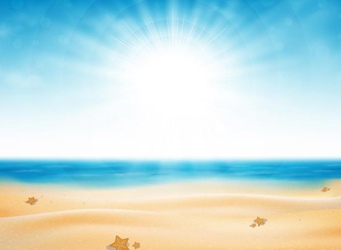 El virw de la playa del verano del sol estalló con el fondo del cielo azul. Decoración para viajar en el tiempo de la naturaleza. Usted puede utilizar para el anuncio, cartel, impresión, obras de arte. vector