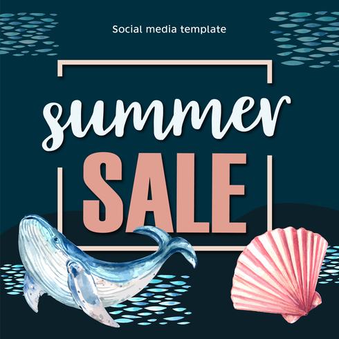 Summer social media advertising  holiday on sale discount. vacation time, creative watercolor vector illustration design