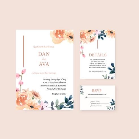 Happy Wedding card floral garden invitation card marriage, rsvp detail. space layout vintage ornament beautiful ,  watercolor vector illustration template collection design