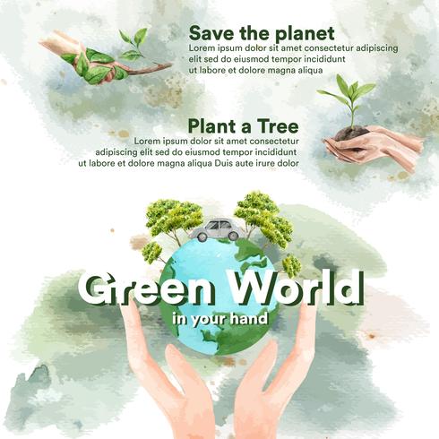 Calentamiento global y contaminación, salvar el mundo, estadística de datos de infografía presente, diseño de plantilla de ilustración vectorial acuarela creativa vector