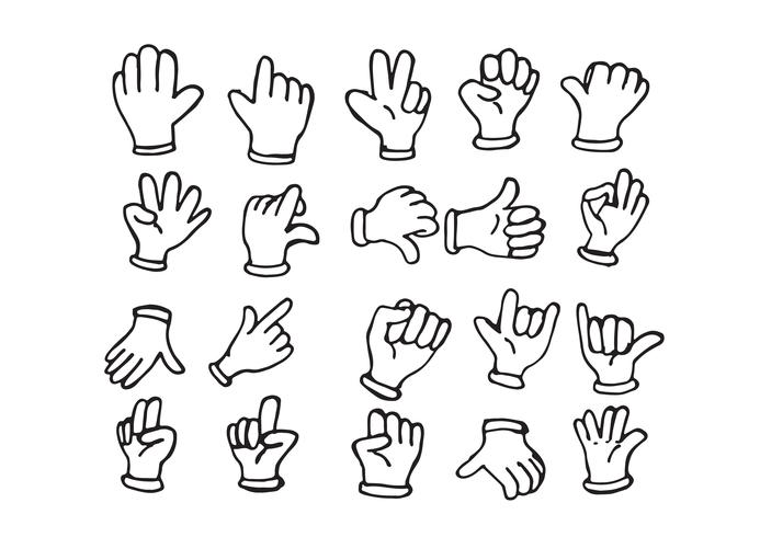 Guantes de dibujos animados a mano, ilustración de varias manos. vector