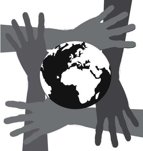 Idea de manos sosteniendo mundo y globo de mano vector