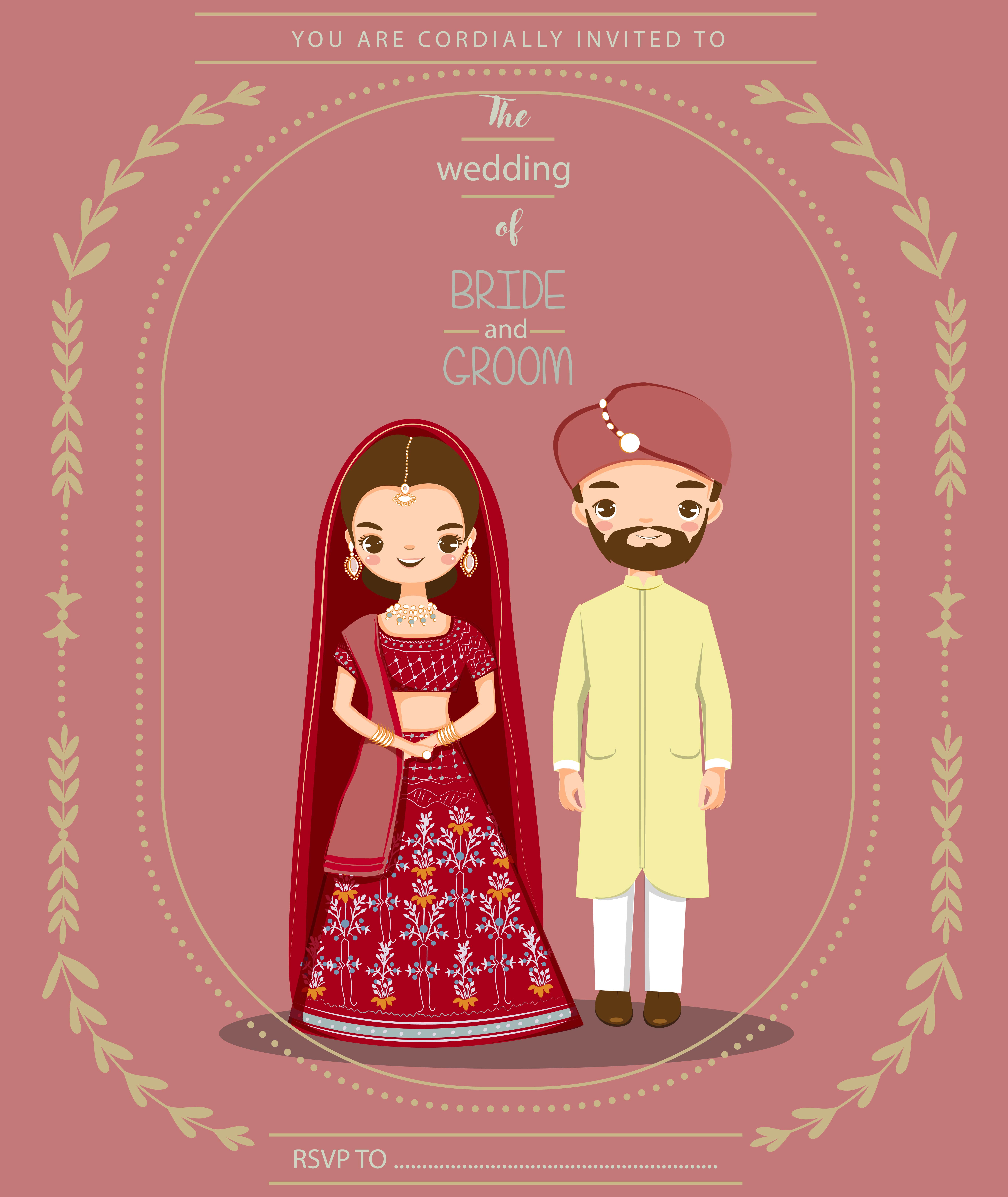 Cute Indian Bride And Groom In Traditional Dress For Wedding Invitations Card 647302 Download Free Vectors Clipart Graphics Vector Art