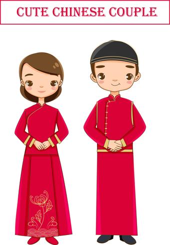 Linda pareja china en personaje de dibujos animados vestido rojo tradicional vector