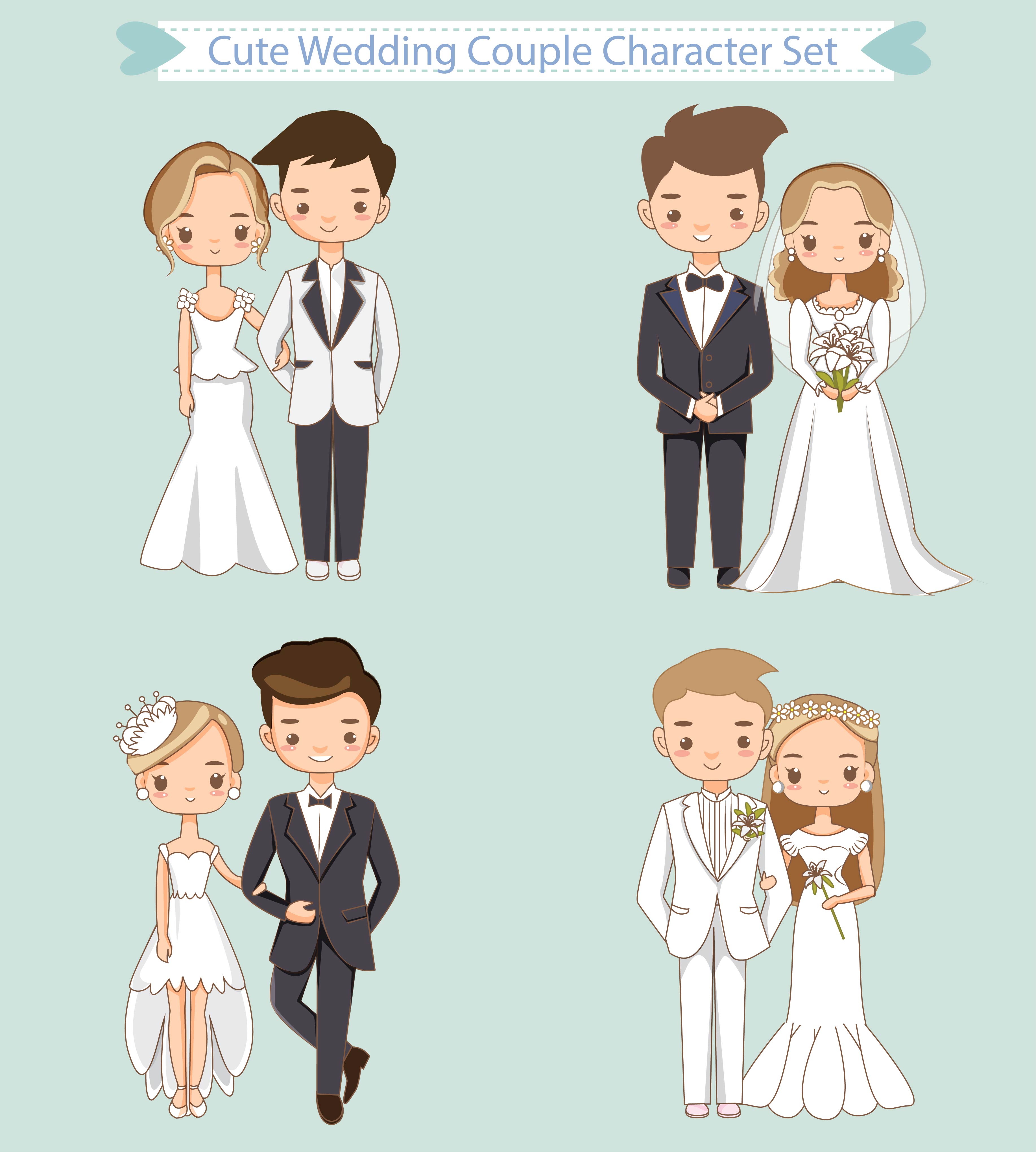 cute bride and groom in wedding dress cartoon character collection 647314  Vector Art at Vecteezy