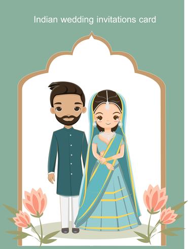 cute Indian bride and groom in traditional dress  for wedding invitations card vector