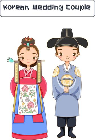 Linda pareja coreana en traje tradicional personaje de dibujos animados vector