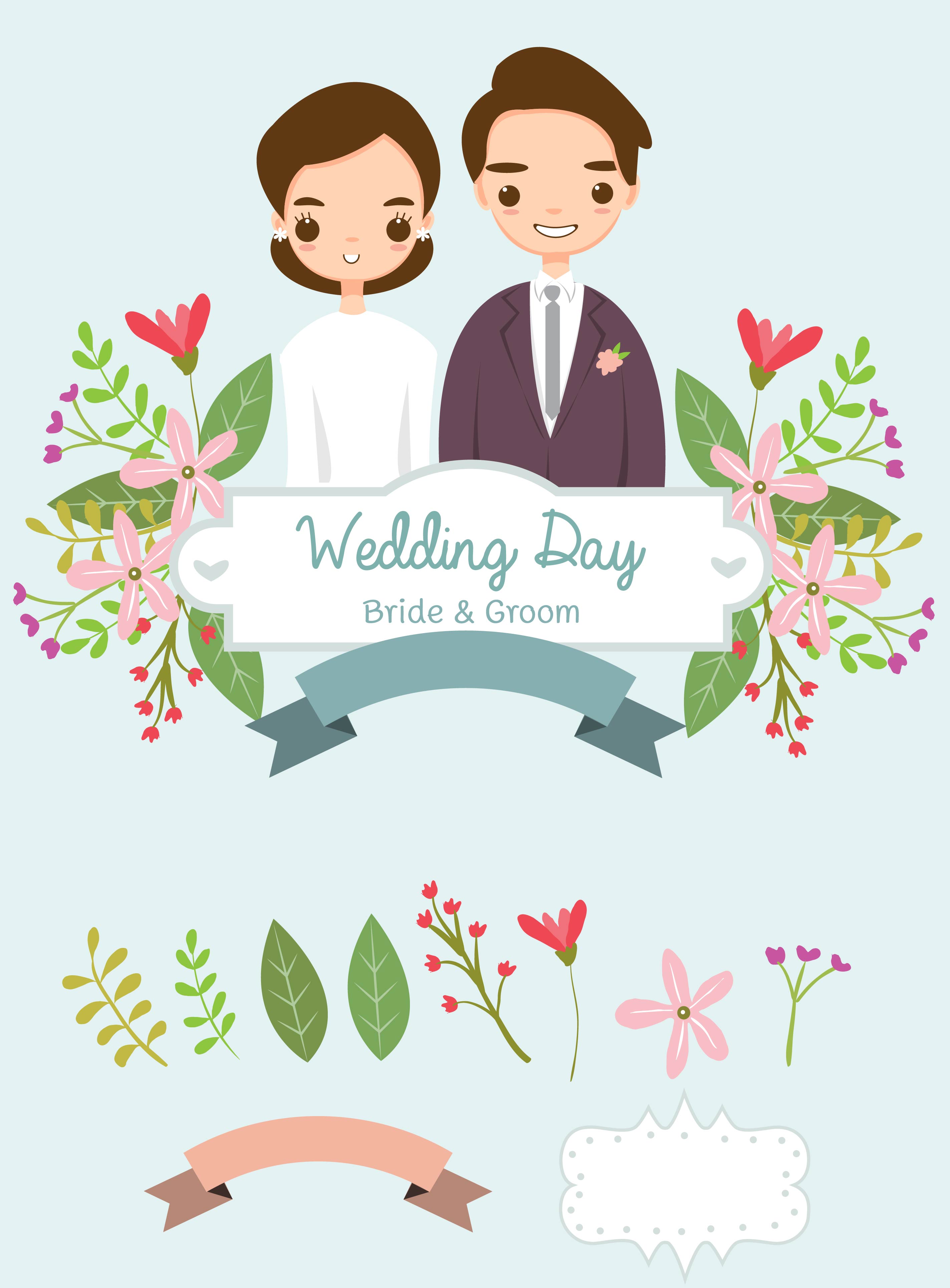 cute bride and groom and elements for wedding invitations