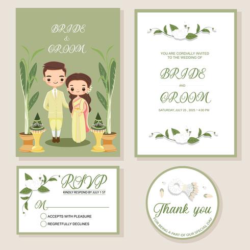 cute Thai bride and groom couple on wedding invitations card template vector