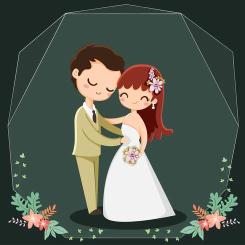 personaje de dibujos animados linda pareja para boda invitaciones tarjeta, vector aislado con fondo