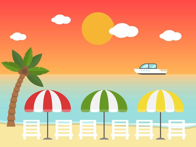 Beach chairs and Umbrellas on the sunset beach vector