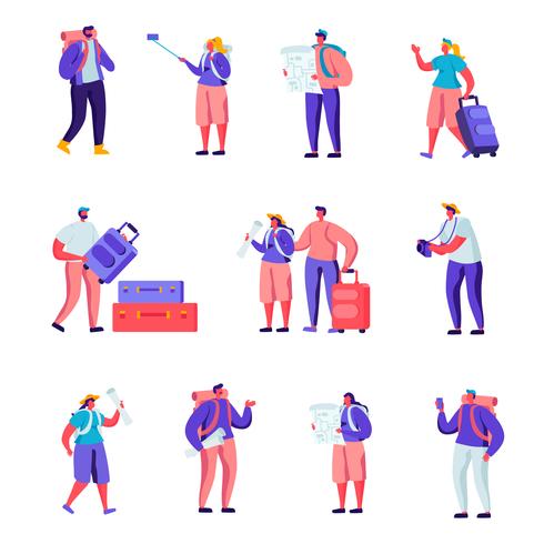 Conjunto de turistas planas que viajan por el mundo personajes. Pareja de dibujos animados con el mapa de observación de equipaje, haciendo Selfie, visitando y fotografiando. Ilustracion vectorial vector