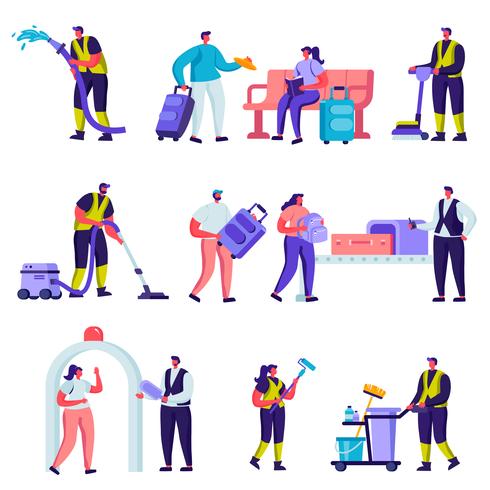 Conjunto de turistas planas y personal de servicio de limpieza en los personajes del aeropuerto. Dibujos animados de personas que viajan herramientas, equipaje, carros y teléfonos inteligentes, equipos de limpieza. Ilustracion vectorial vector