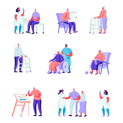 Set of Flat Older People in a Nursing Home Having Medical Aid Characters. Cartoon People Having Hobby Care of Plants, Painting, Playing Chess, Knitting. Vector Illustration.