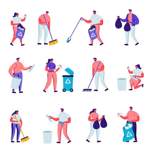 Set of Flat Volunteers Collect Litter Characters. Cartoon People Raking, Sweeping, Put Trash into Bags with Recycle Sign, Pollution with Garbage, Clean Up Wastes. Vector Illustration.