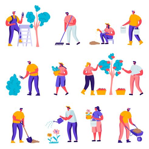 Set of Flat Gardeners Looking After Plants Characters. Cartoon People Gardening People Watering, Planting, Raking Trees in Garden or Greenhouse. Vector Illustration.