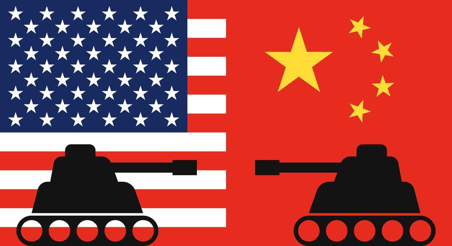 Dos tanques enfrentados con fondo de bandera de China y bandera de Estados Unidos vector