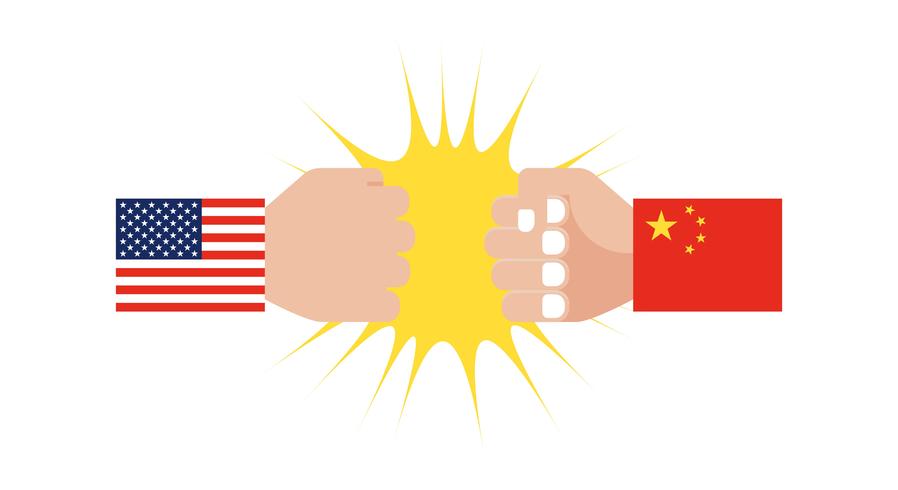 Hand with USA flag sleeve and Hand with China flag sleeve vector