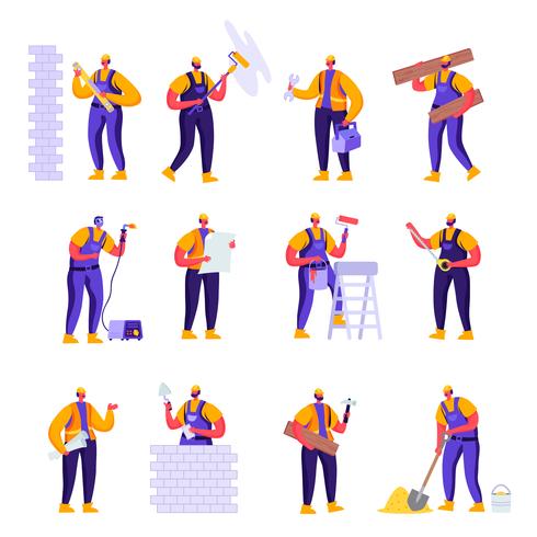 Set of Flat Professional Construction Workers Engineers Characters. Cartoon People Male in Uniform Overalls and Helmets with Equipment. Vector Illustration.