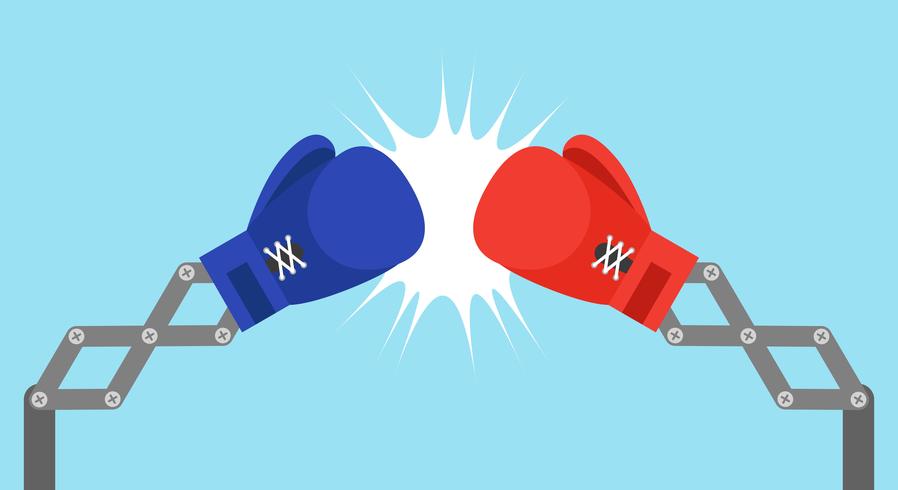 Blue toy boxing gloves arm with USA flag and Red toy boxing gloves arm with China flag vector illustration