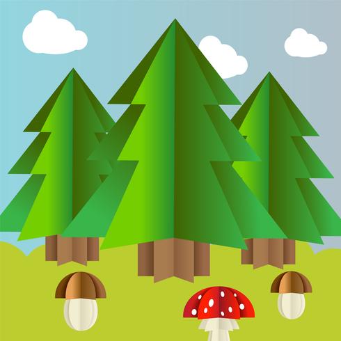 Vector autumn landscape with spruce mushrooms and fly agaric