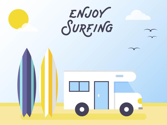 Tabla de surf y camping van en la playa vector