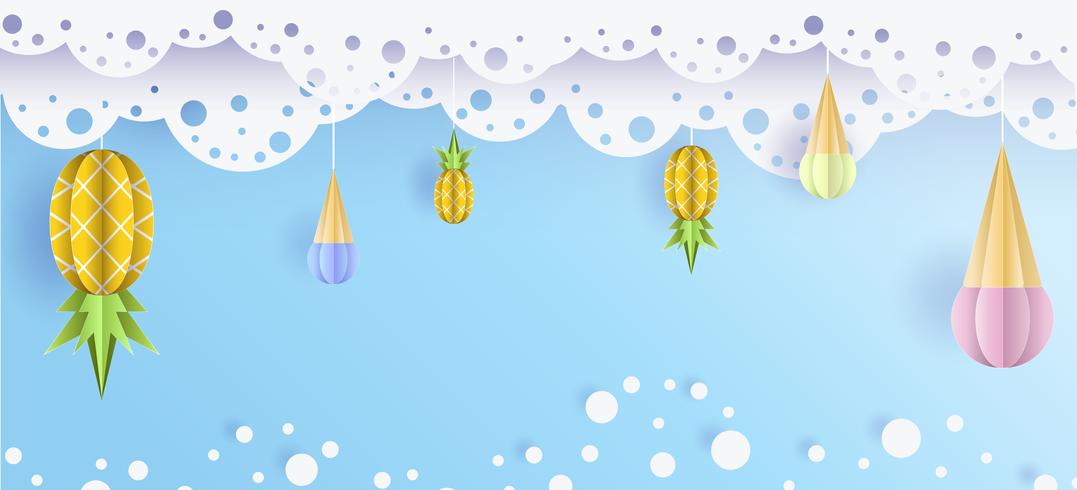 Vector summer background 3d paper cut with lace, clouds on the sky, ice cream and pineapples