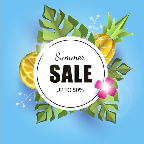 Vector summer background banner 3d paper cut with pineapple. lemon. flower and palm leafs. Flyer banner for advertising sales