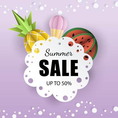 Vector summer background banner 3d paper cut with lace, ice cream. Fruit pineapple and watermelon. Flyer for advertising sales