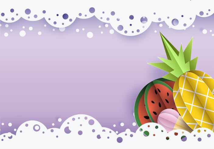 Vector summer background 3d paper cut with lace, ice cream clouds. Fruit pineapple and watermelon.