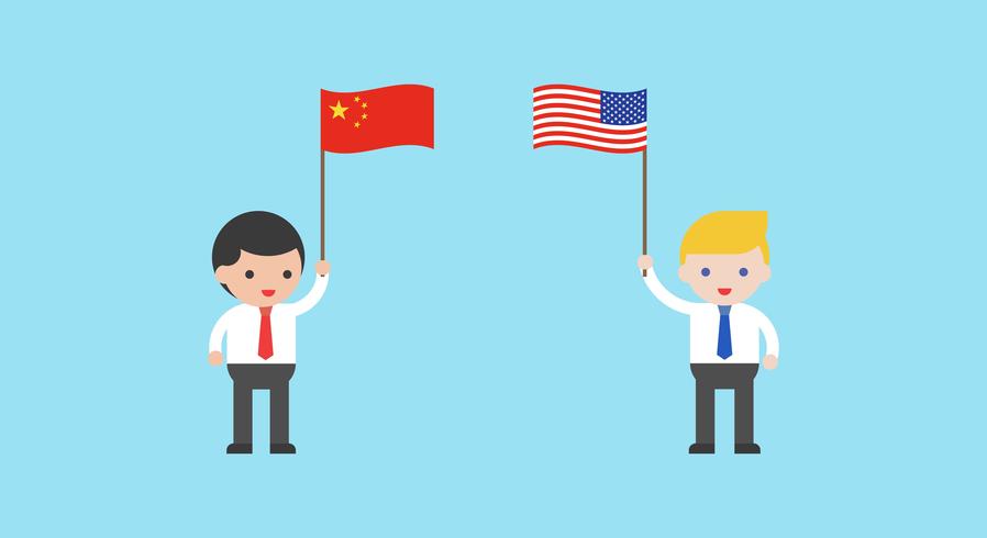 Dos hombres de negocios con la bandera de China y la bandera de Estados Unidos vector