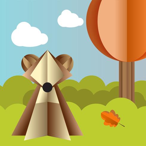Vector autumn landscape with a bear and falling leaves
