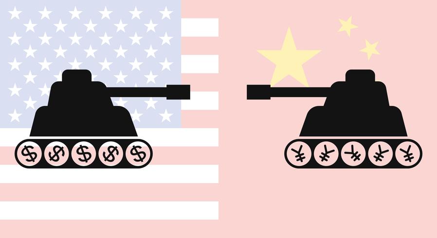 Two tank silhouette facing each other with background of China flag and United states flag vector